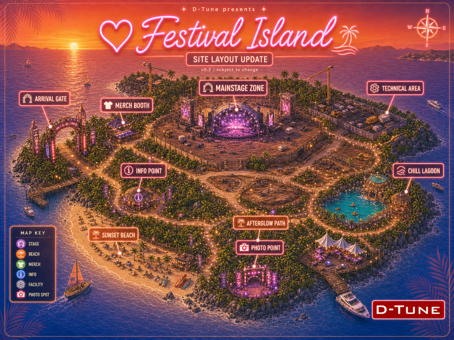 Festival Island map — Main Stage, Sunset Beach, Chill Lagoon, VIP Cove